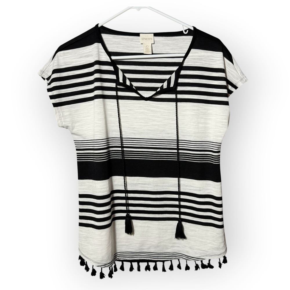 Chicos Striped Tassel Trim Top Size 0 Black White‎ Short Sleeve V-Neck Blouse